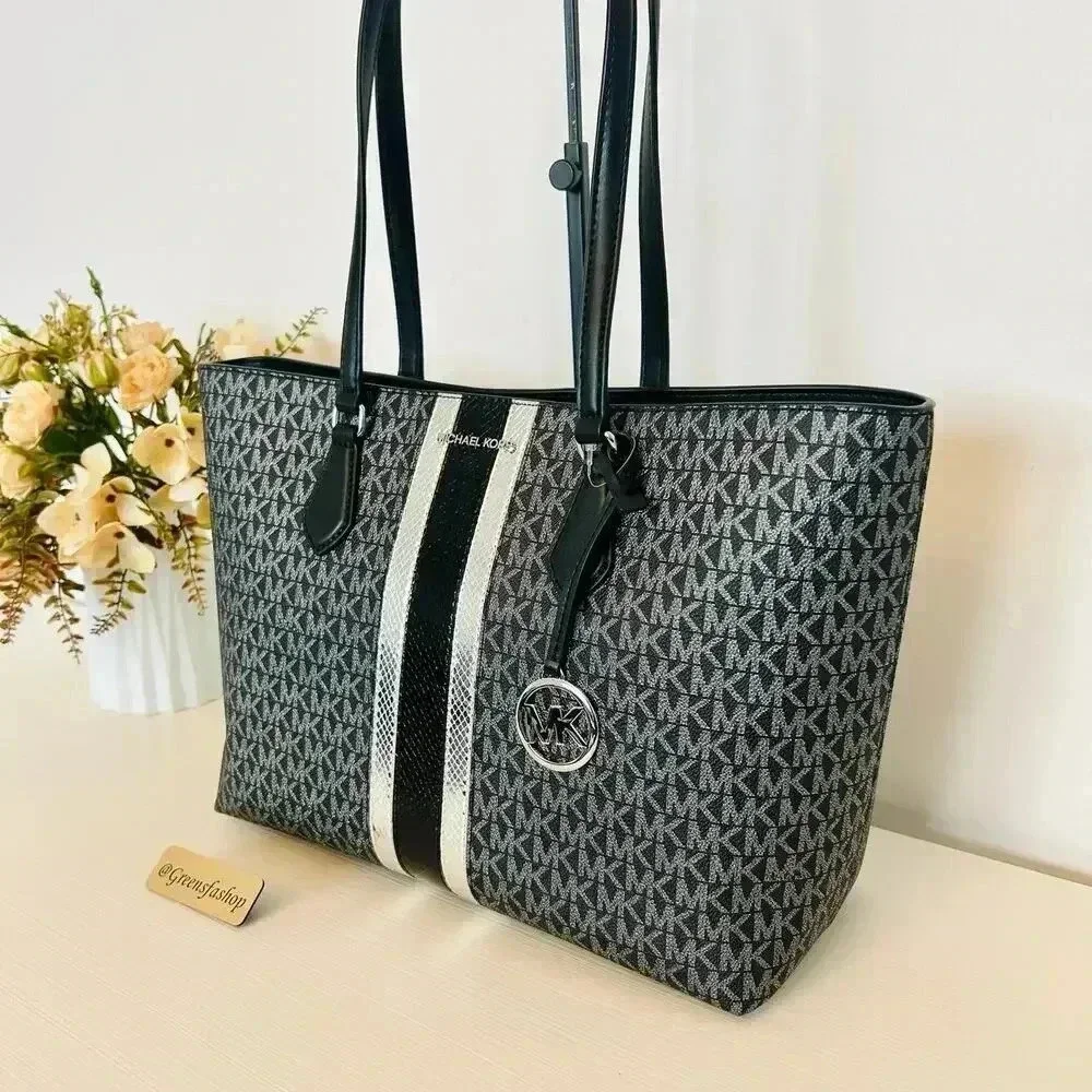 Michael Kors Sheila Large Signature Logo and Metallic Tote Bag Black - Picture 2 of 10